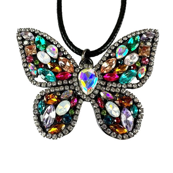 Butterfly Rhinestone Pendant Necklace With Colorful Stones & Adjustable Cord - Picture 1 of 2